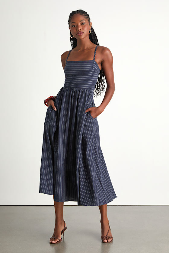 Feeling the Best Green Striped Tie-Back Midi Dress with Pockets