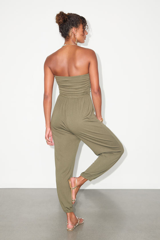 Flawless Comfort Black Ruched Strapless Jogger Jumpsuit