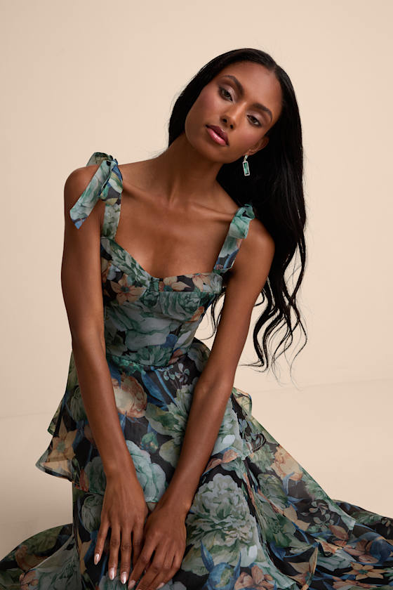 Playfully Posh Blush Floral Organza Tie-Strap Tiered Midi Dress