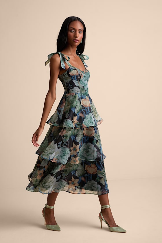 Playfully Posh Blue Floral Organza Tie-Strap Tiered Midi Dress