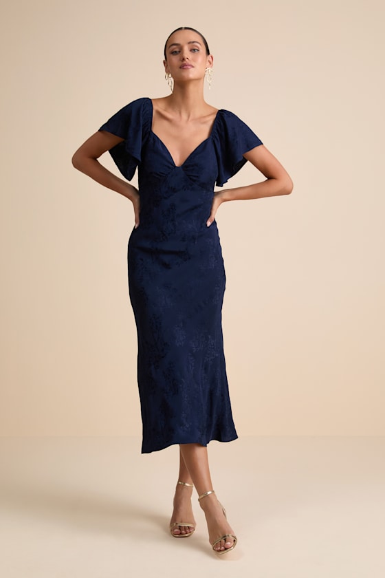 Effervescent Afternoon Slate Satin Flutter Sleeve Midi Dress