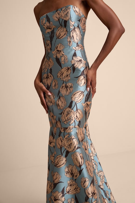 Gowning Around Mauve Floral Jacquard Strapless Maxi Dress