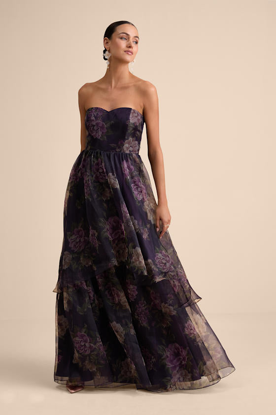 Truly Extraordinary Black Floral Organza Strapless Maxi Dress