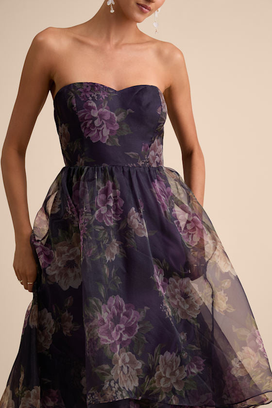 Truly Extraordinary Black Floral Organza Strapless Maxi Dress