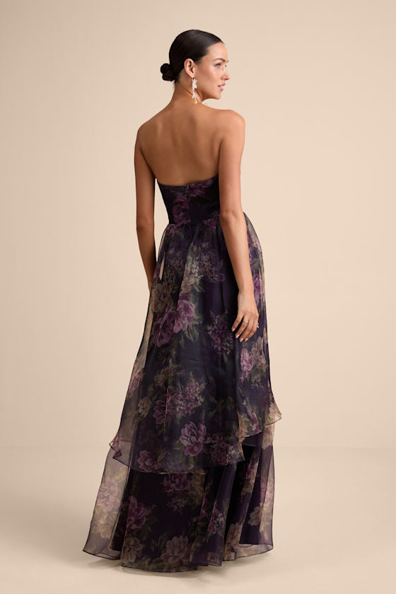 Truly Extraordinary Black Floral Organza Strapless Maxi Dress