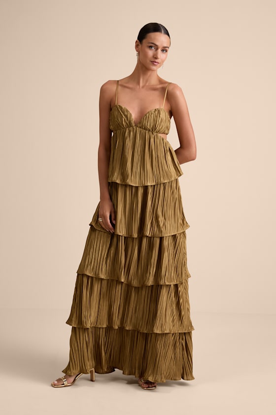 Kanya Blue Satin Plisse Tiered Maxi Dress