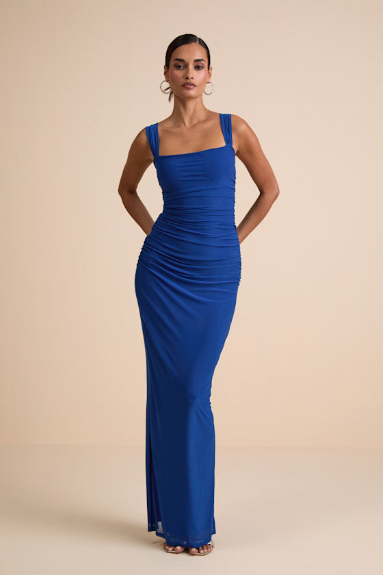 Amazing Presence Dark Green Mesh Ruched Column Maxi Dress