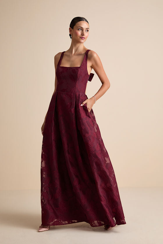 Perfected Aura Yellow Jacquard Tie-Back Maxi Dress with Pockets