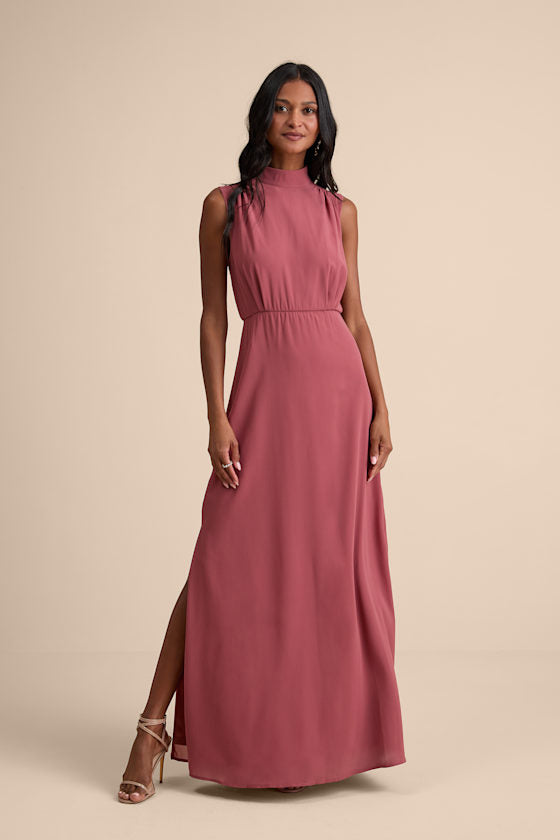 Classic Elegance Emerald Chiffon Sleeveless Mock Neck Maxi Dress