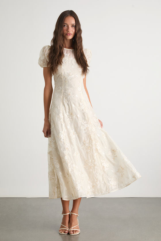 Elfrieda Blush Floral Embroidered Puff Sleeve Midi Dress