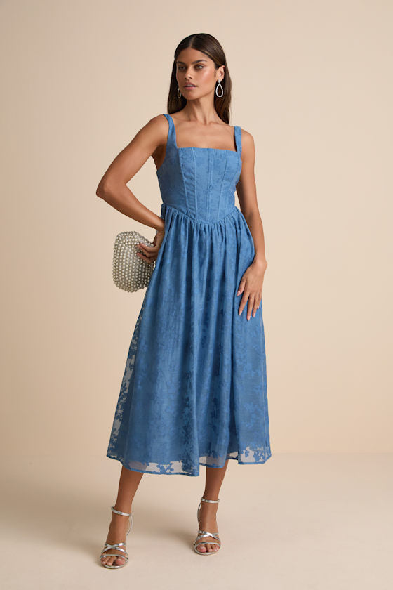Colwyn Light Blue Floral Jacquard Bustier Midi Dress