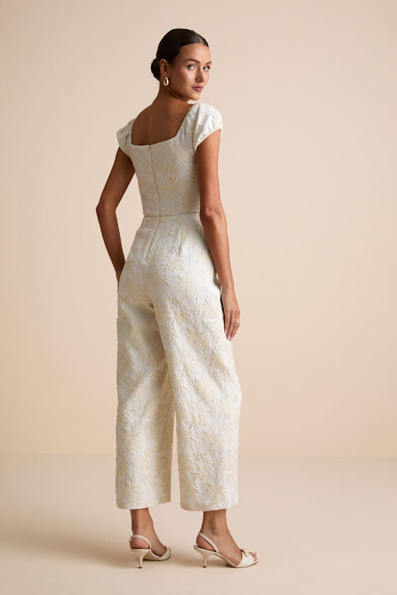 New Glam Midnight Blue Floral Jacquard Off-the-Shoulder Jumpsuit