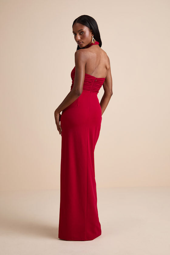 Baani Dark Brown Column Halter Maxi Dress