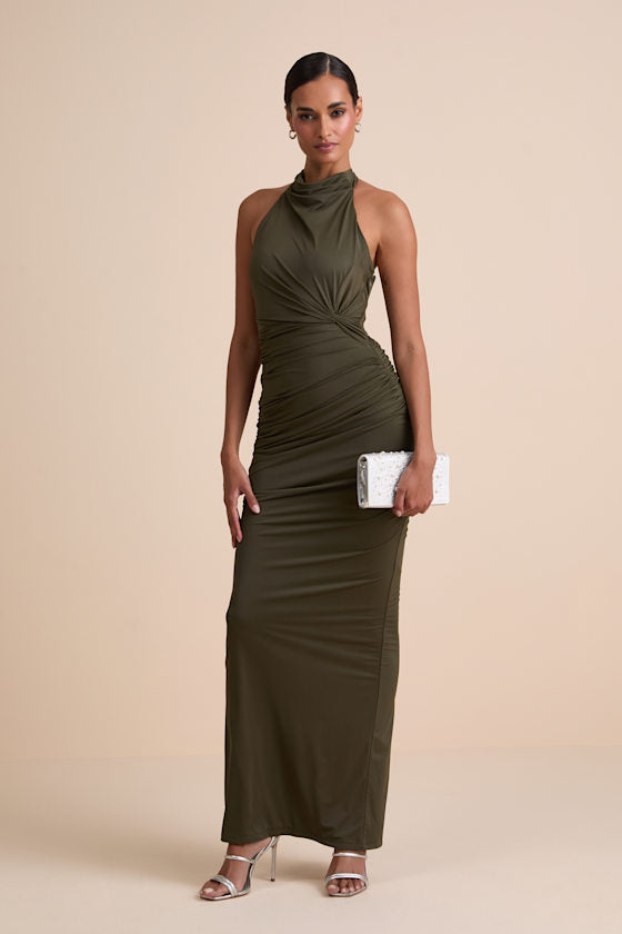Seraiah Navy Knotted Ruched Halter Maxi Dress
