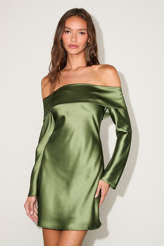 Luxurious Vision Teal Satin Off-the-Shoulder Mini Dress