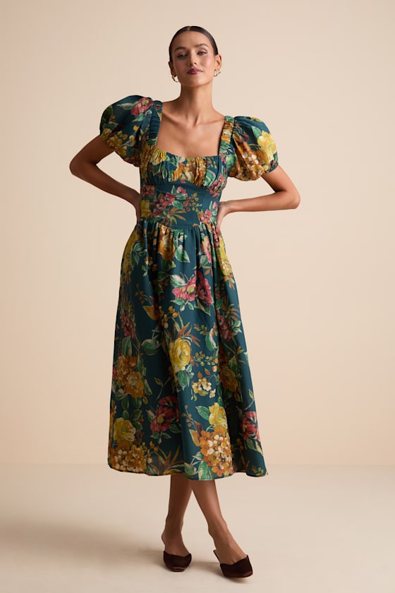 Adorable Tendencies Dark Grey Floral Puff Sleeve Midi Dress