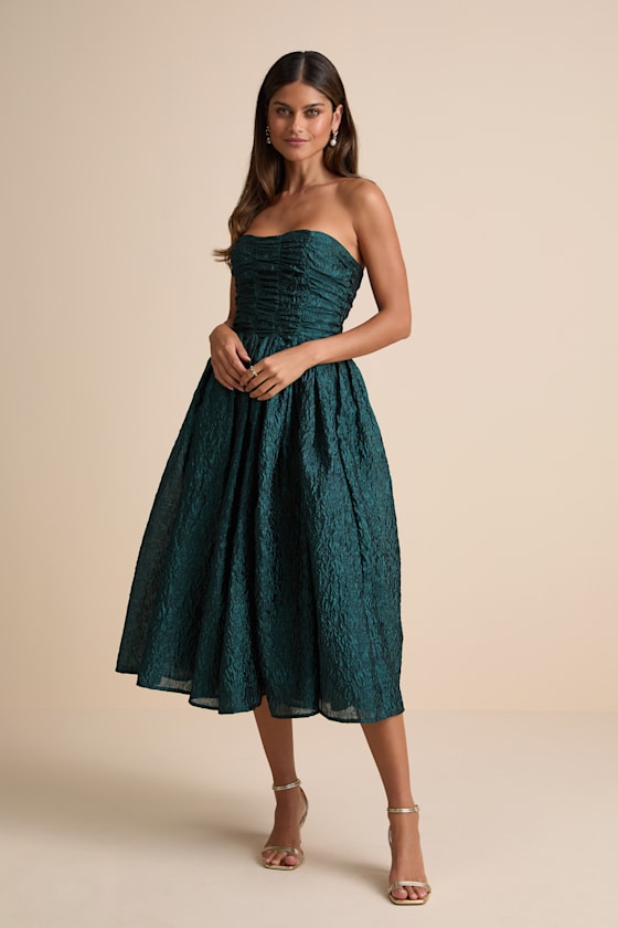 Analeia Rust Jacquard Lace-Up Strapless Midi Dress