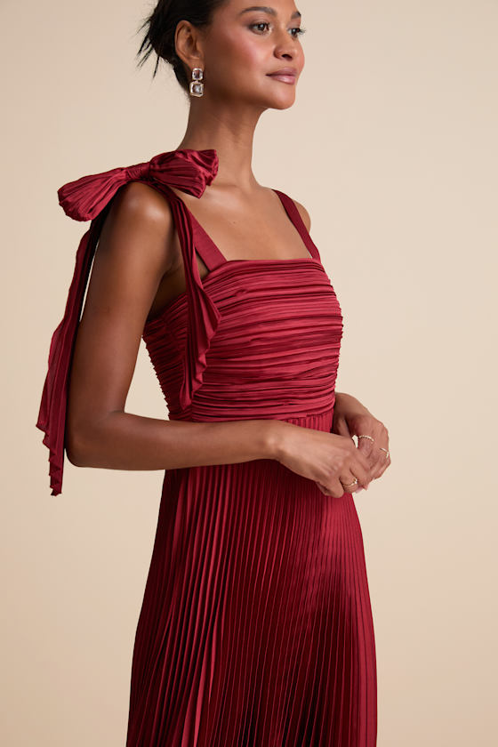 Gorgeous Purpose Slate Satin Pleated Sleeveless Bow Maxi Dress
