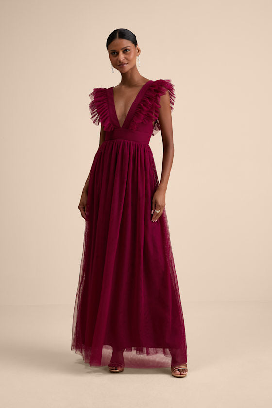 Simply Delighted Black Mesh Ruffled Backless Maxi Dress