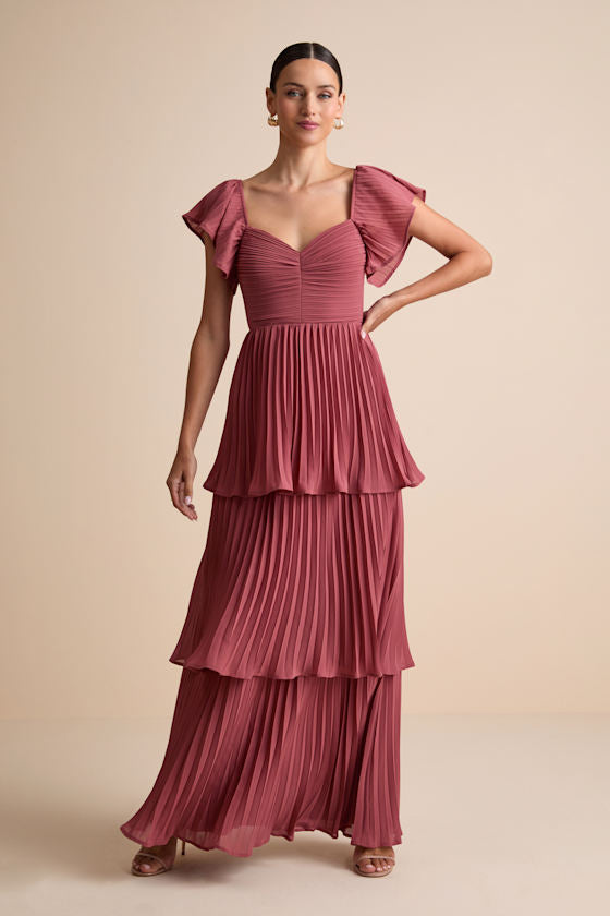 Notorious Charm Navy Blue Pleated Flutter Sleeve Maxi Dress