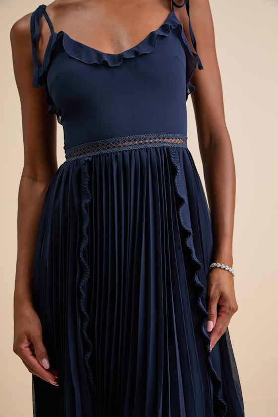 Never a Dull Moment Bright Red Tie-Strap Pleated Midi Dress