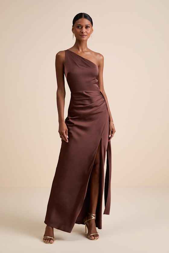 Signature Elegance Olive Green Satin One-Shoulder Maxi Dress