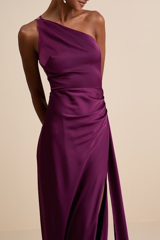 Signature Elegance Olive Green Satin One-Shoulder Maxi Dress