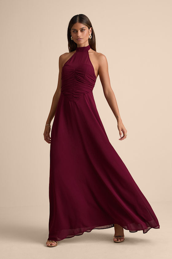 Cammie Emerald Halter Neck Ruched Maxi Dress