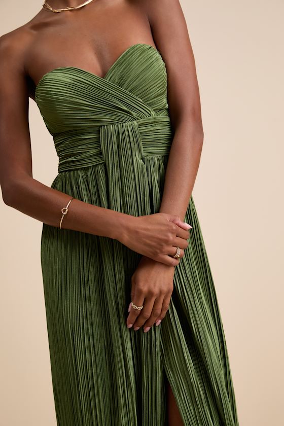 Oswin Lime Green Satin Plisse Strapless Maxi Dress