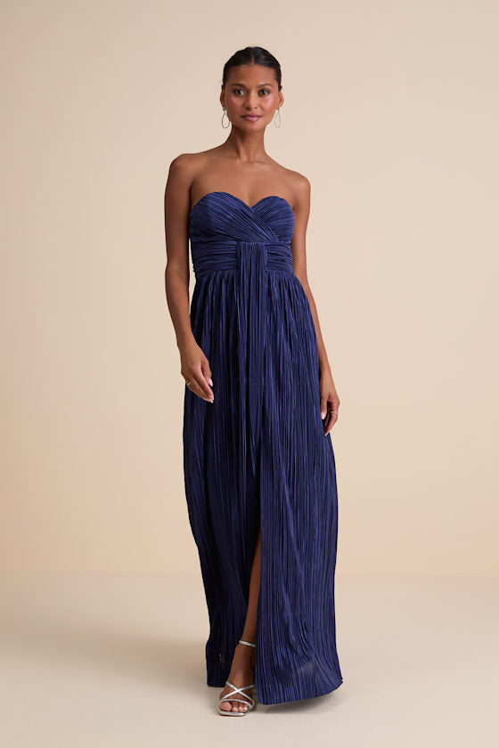 Oswin Light Blue Satin Plisse Strapless Maxi Dress