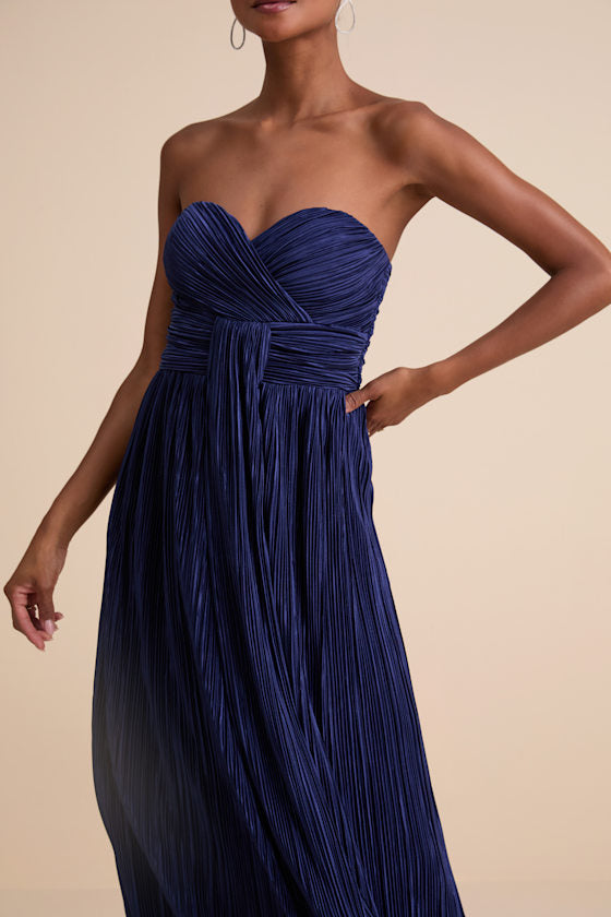 Oswin Light Blue Satin Plisse Strapless Maxi Dress