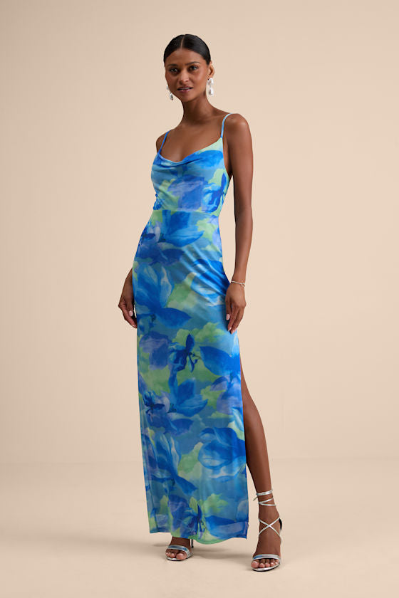 Sunniva Black Multi Print Mesh Cowl Maxi Dress