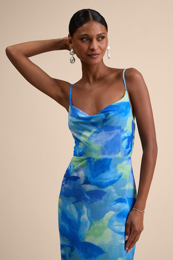 Sunniva Black Multi Print Mesh Cowl Maxi Dress
