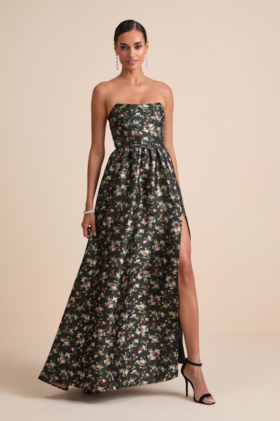 Rainie Cream Floral Jacquard Strapless Lace-Up Maxi Dress