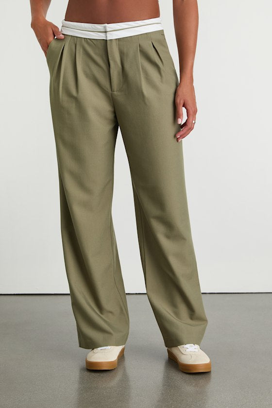 Refined Mood Taupe and White Straight Leg Trouser Pants