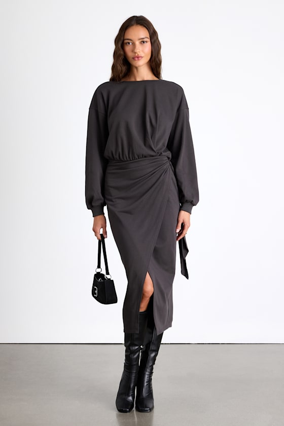 Eunia Brown Jersey Knit Long Sleeve Wrap Midi Dress
