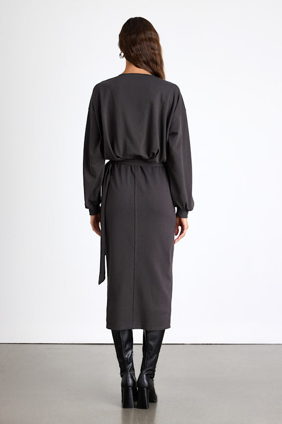 Eunia Brown Jersey Knit Long Sleeve Wrap Midi Dress