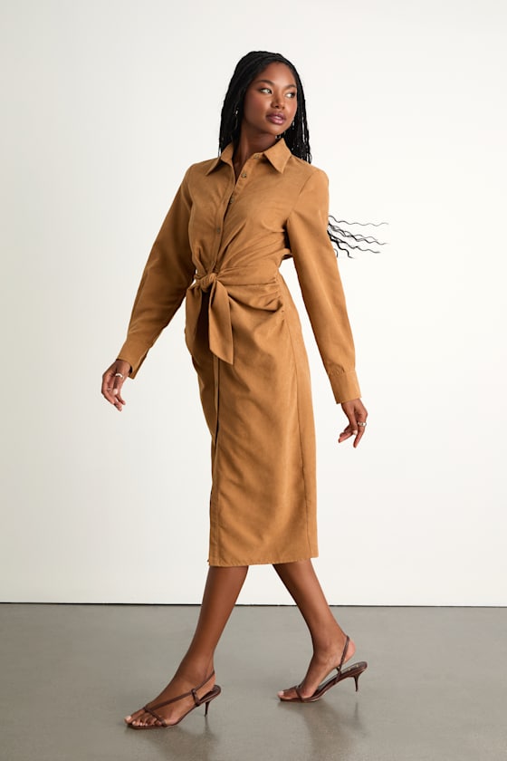 Autumnal Views Olive Green Suede Button-Up Tie-Front Midi Dress