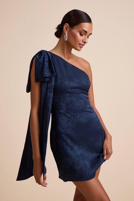 Jayda White Satin Jacquard One-Shoulder Sash Mini Dress