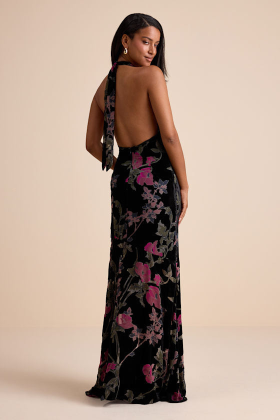 Flawlessly Gorgeous Green Burnout Floral Halter Maxi Dress