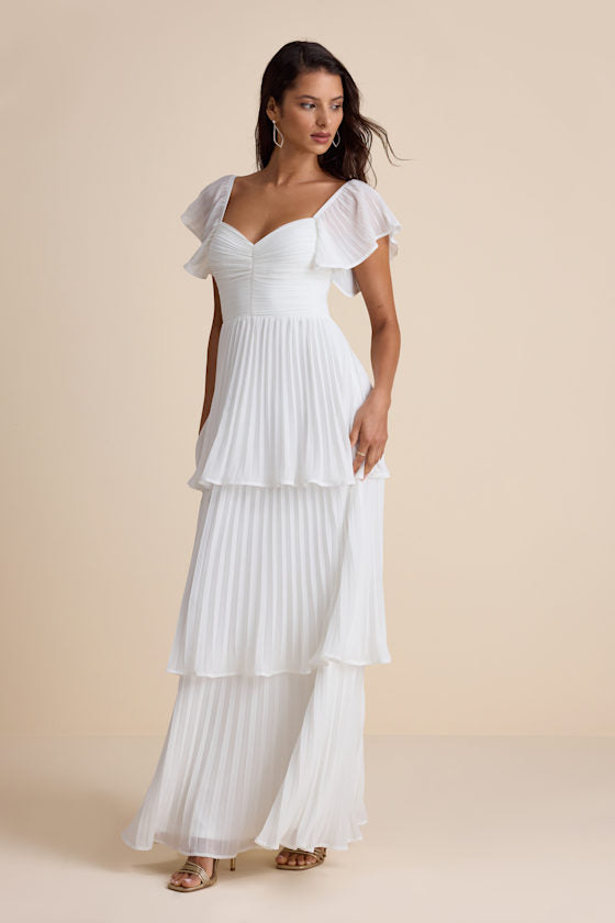 Notorious Charm Navy Blue Pleated Flutter Sleeve Maxi Dress