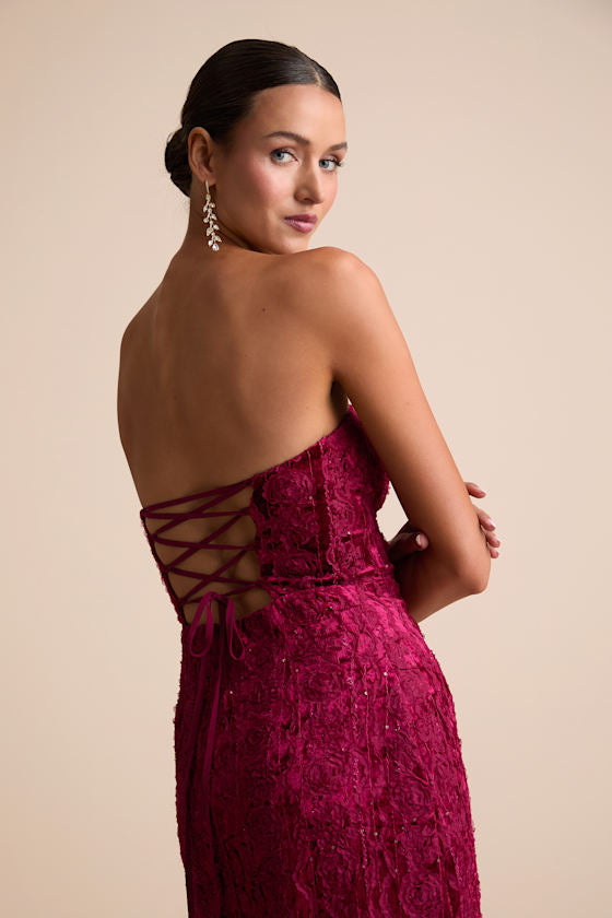 Chic Grace Burgundy Velvet Floral Applique Strapless Maxi Dress