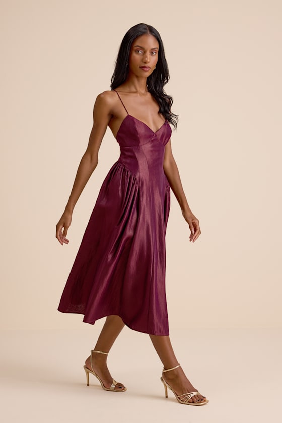 Paride Shiny Coral Gathered Lace-Up Midi Dress