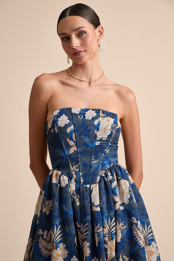 Eulalia Pink Floral Lace-Up Strapless Bustier Midi Dress