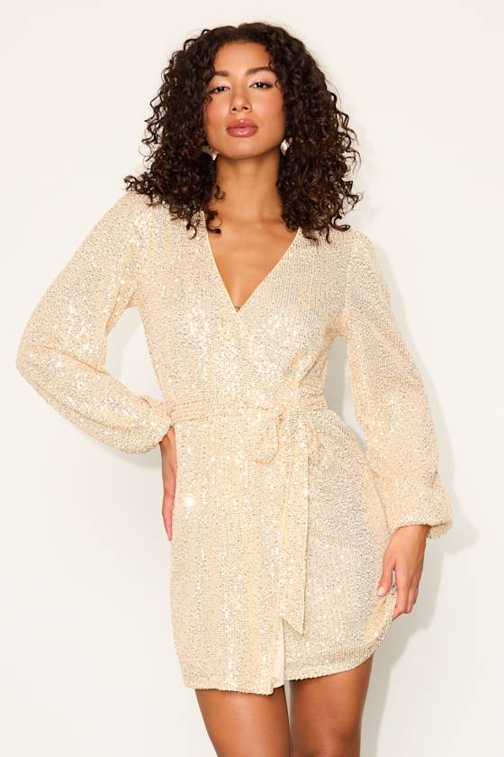 Sparkly Darling Chartreuse Sequin Long Sleeve Wrap Dress