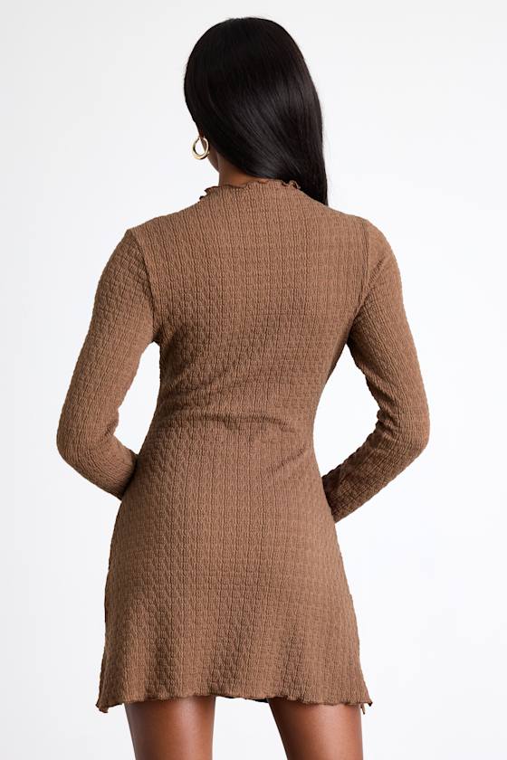 Flattering Forecast Olive Green Textured Long Sleeve Mini Dress