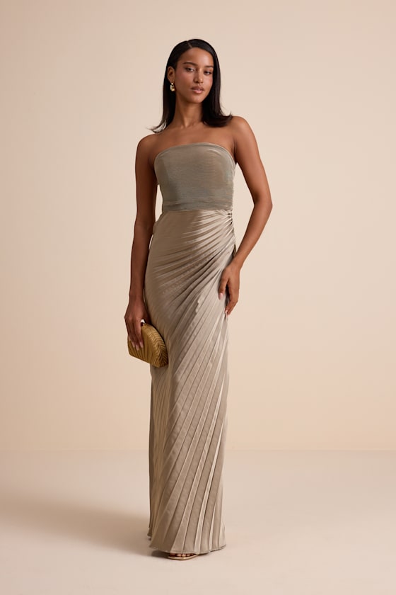 Nyrah Berry Red Satin Pleated Strapless Maxi Dress