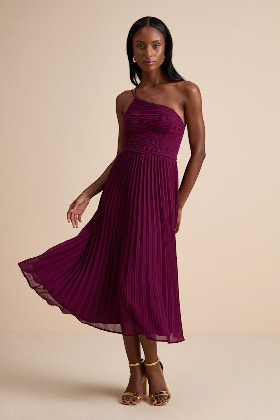 Wondrous Muse Rusty Rose Pleated One-Shoulder Midi Dress