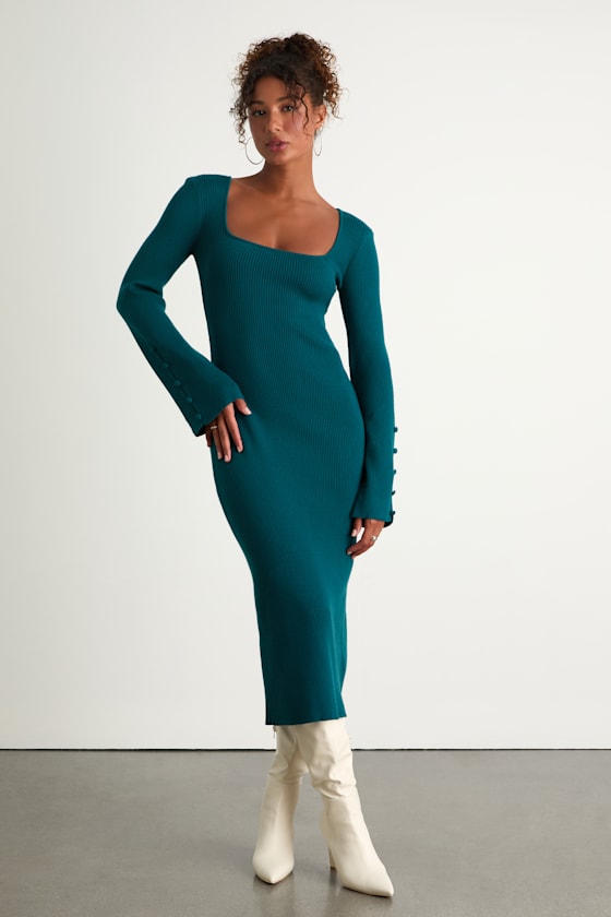 Classy Attitude Beige Ribbed Square Neck Midi Sweater Dress