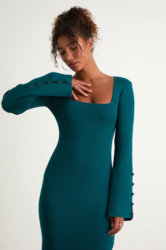 Classy Attitude Beige Ribbed Square Neck Midi Sweater Dress